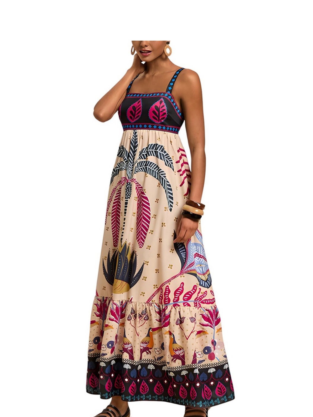 Bohemian Floral Maxi Dress in Beige and Pink